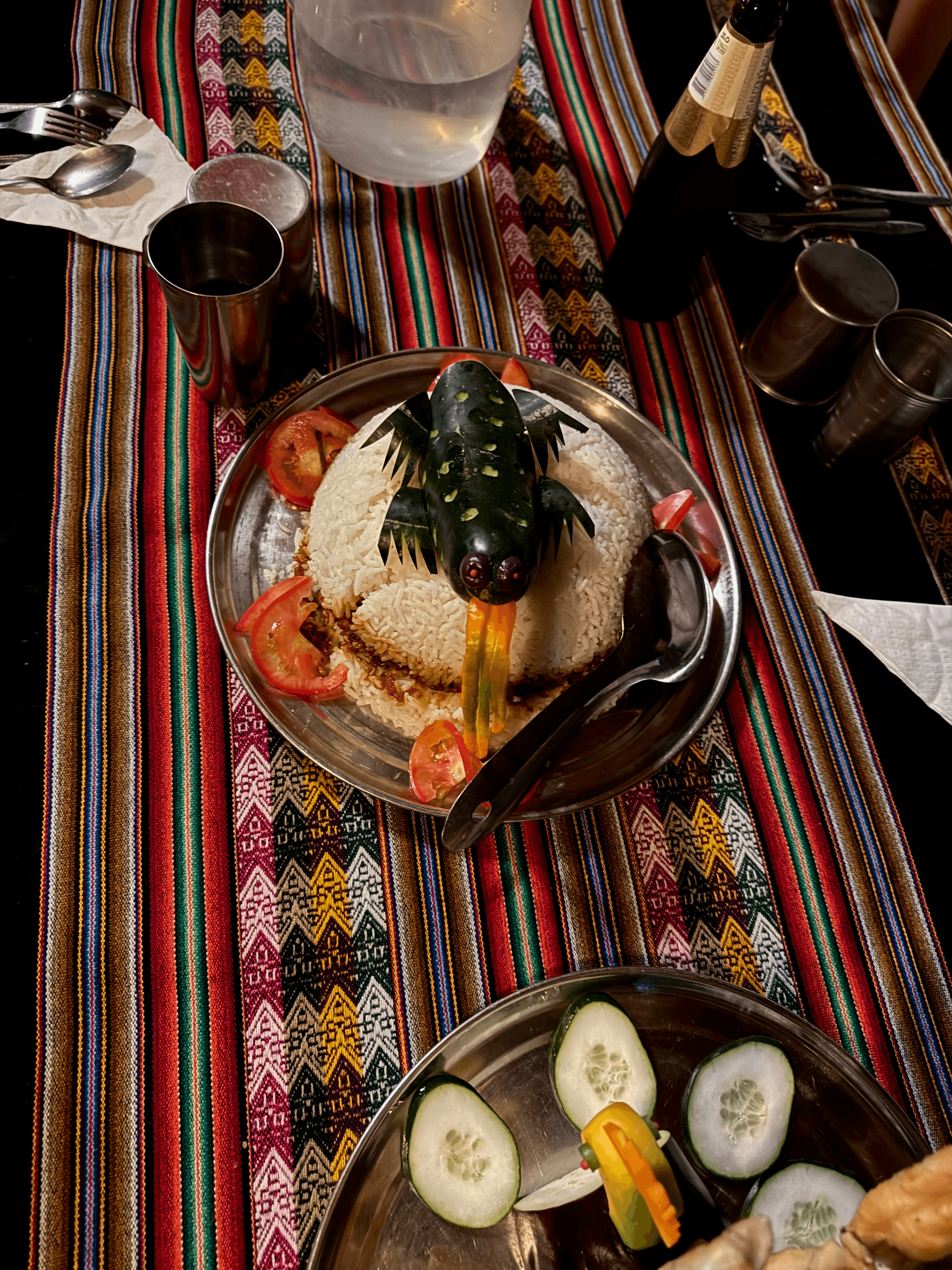 Dinner with creatures made from vegetables